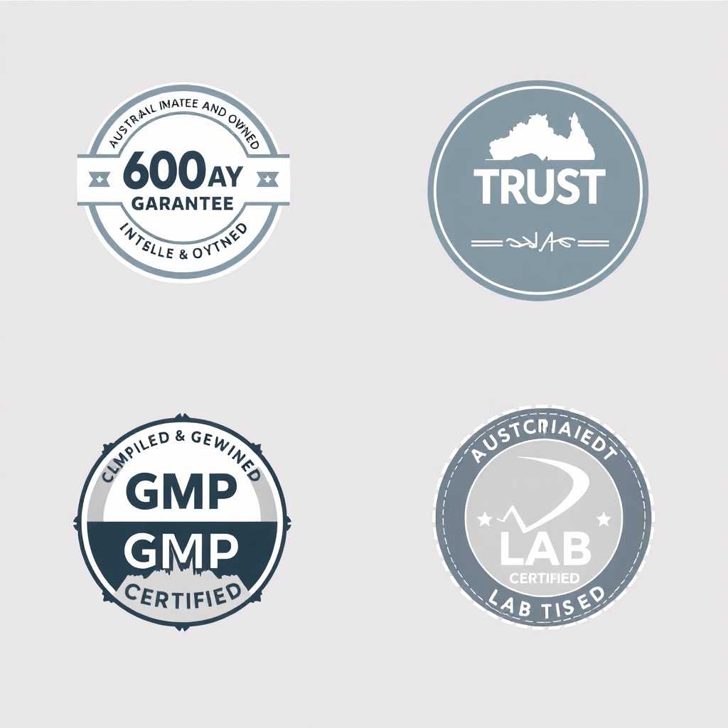 set of trust badges: 60-day guarantee, Australian made and owned, GMP certified, lab tested, high co