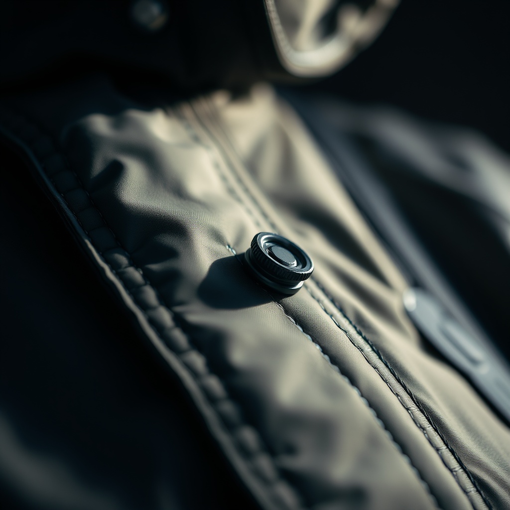 detail shot of technical jacket stitching and hardware, macro fashion photography, dramatic light
