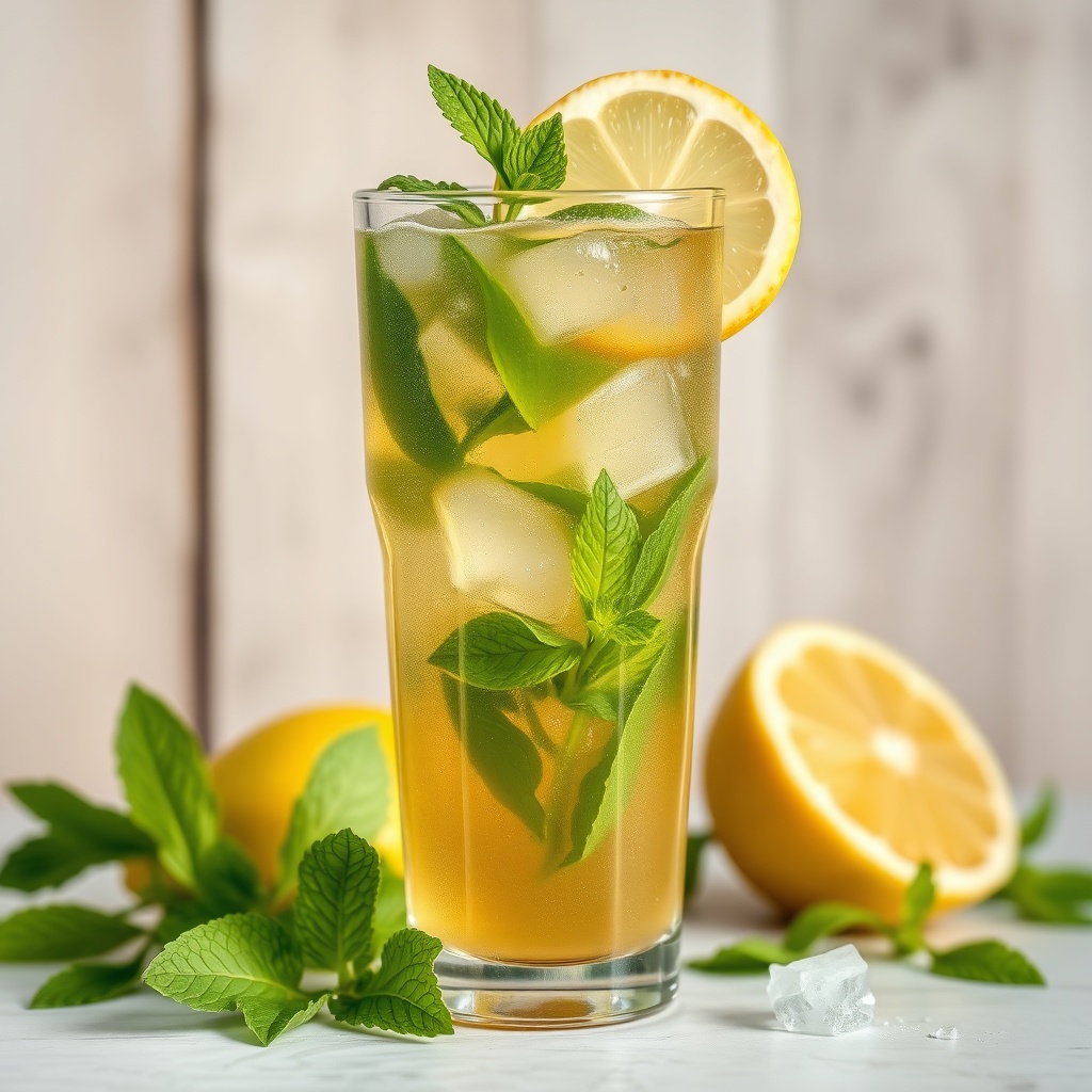 iced green tea energy drink in a glass with mint and lemon, refreshing summer drink