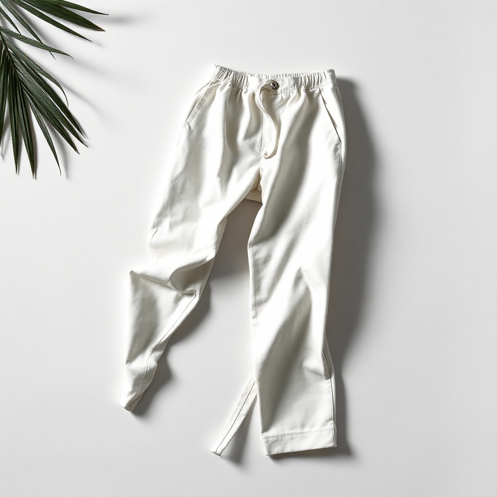 elegant white linen trousers product flatlay, minimal background, high-end fashion editorial, black 