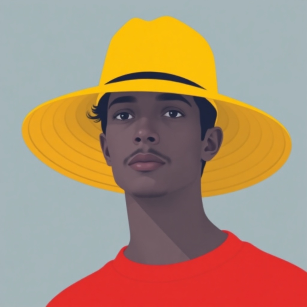 minimalist portrait of a person wearing an oversized yellow hat, bold colors, flat design style