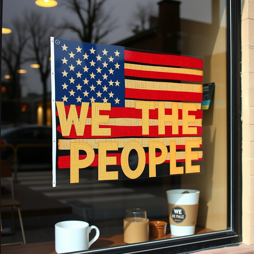 coffee shop window art We The People american flag text democracy bold lettering storefront
