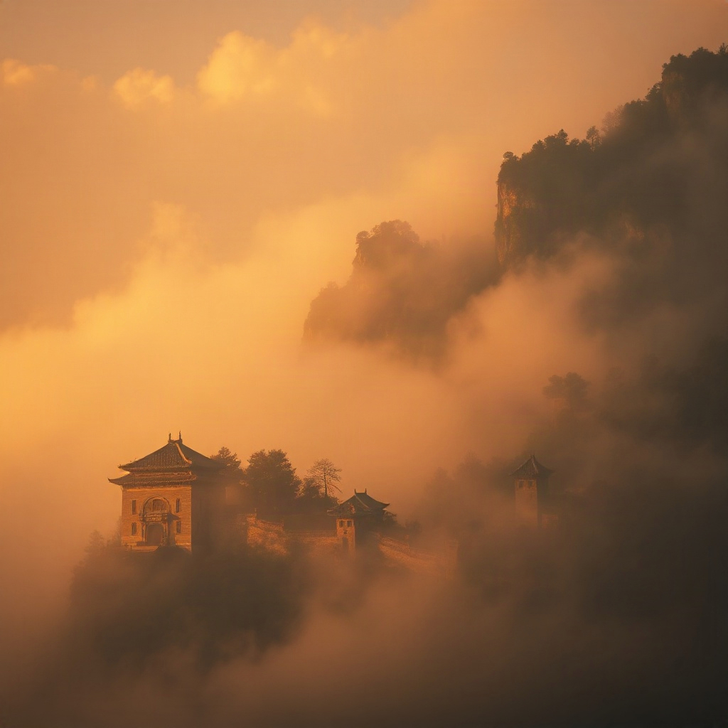 dark cinematic misty mountain landscape at dawn in ancient china, muted amber tones, atmospheric fog