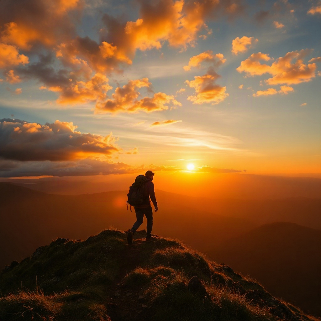backpacker walking on a ridge at sunset, dramatic lighting