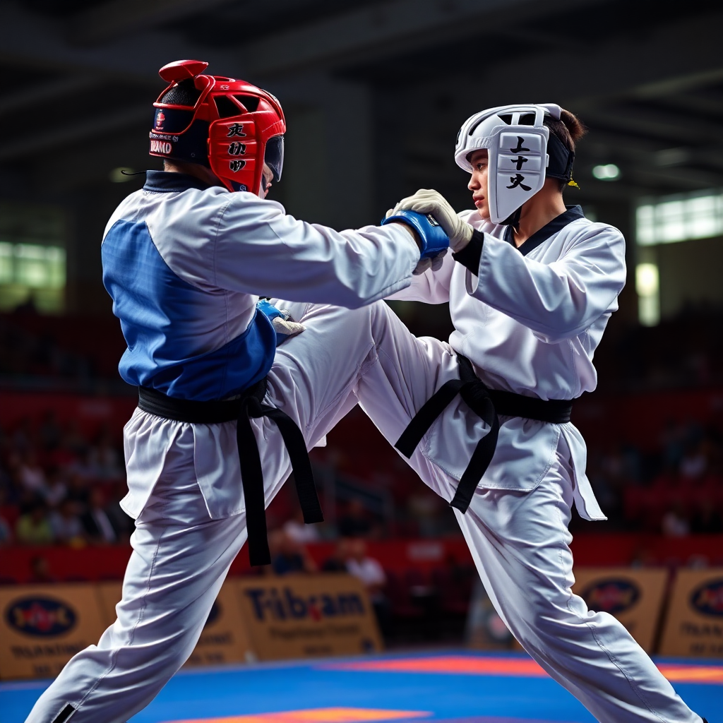 taekwondo sparring competition professional India national sports arena dramatic sports action photo