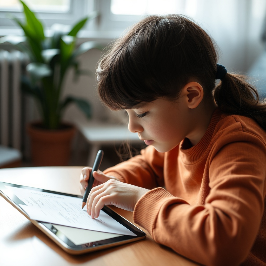 Student solving exam paper on tablet, focused expression, soft indoor lighting