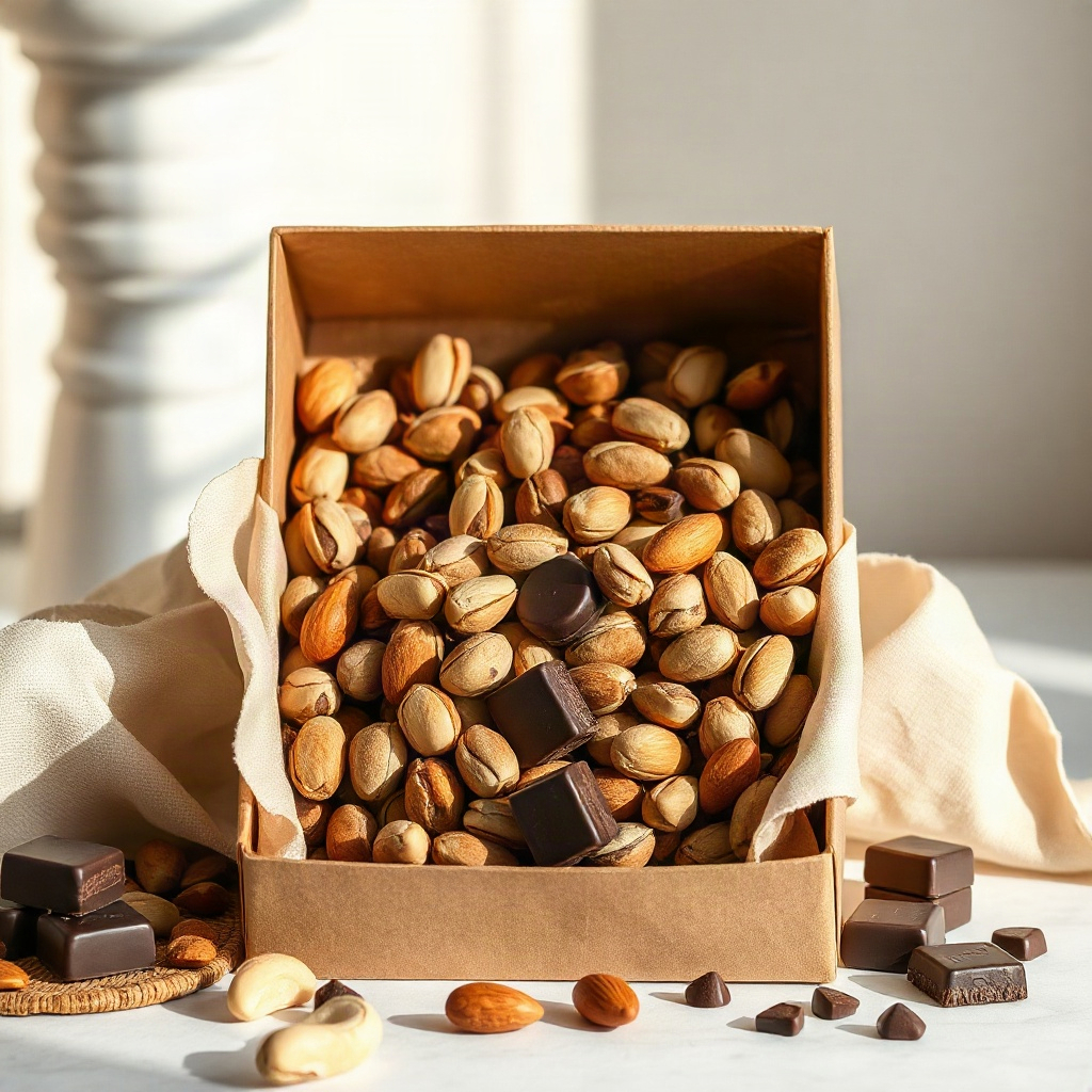 Open gift box of roasted pistachios, almonds and cashews with dark chocolate pieces