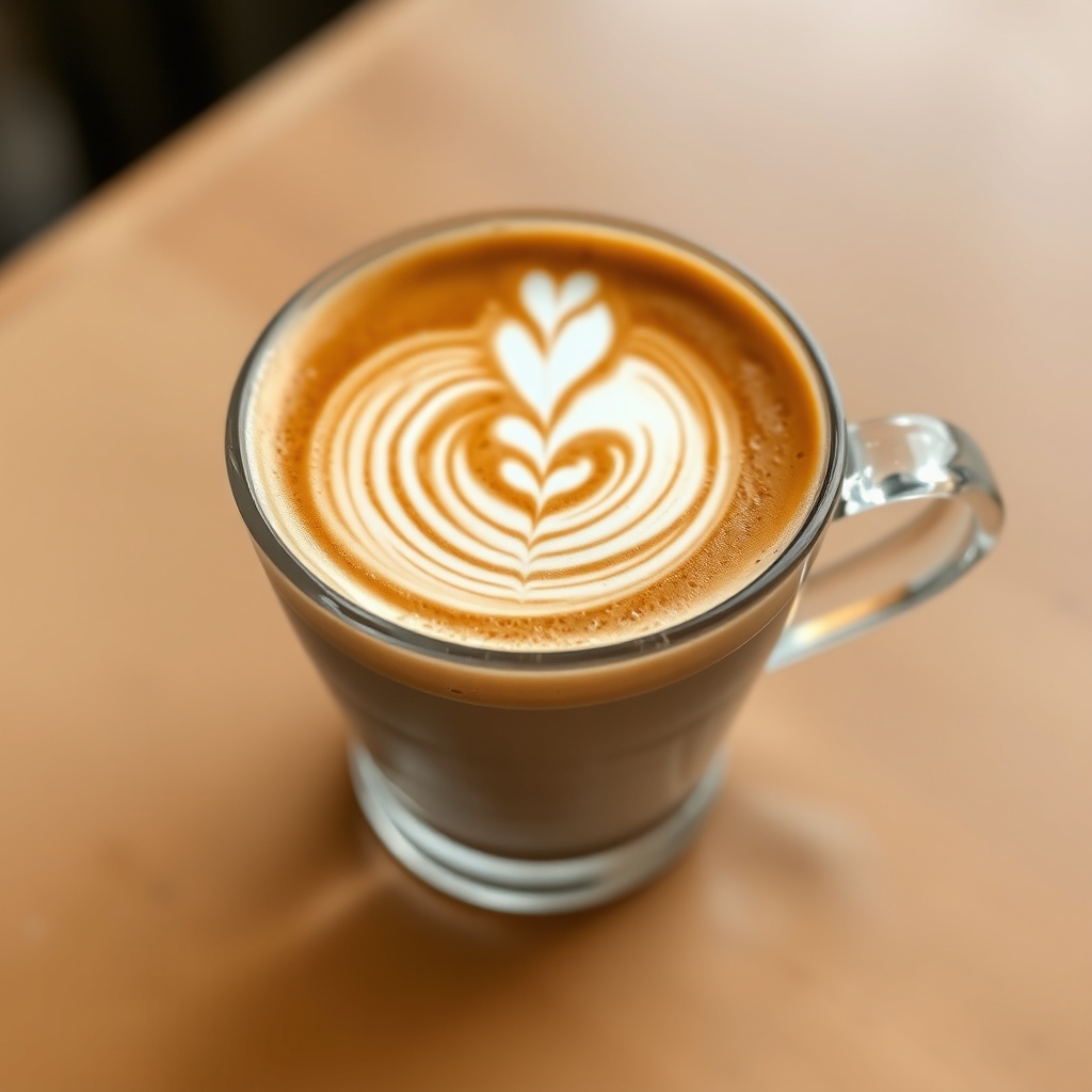latte art coffee in a glass cup with rosette pattern, warm tones, artisan espresso drink