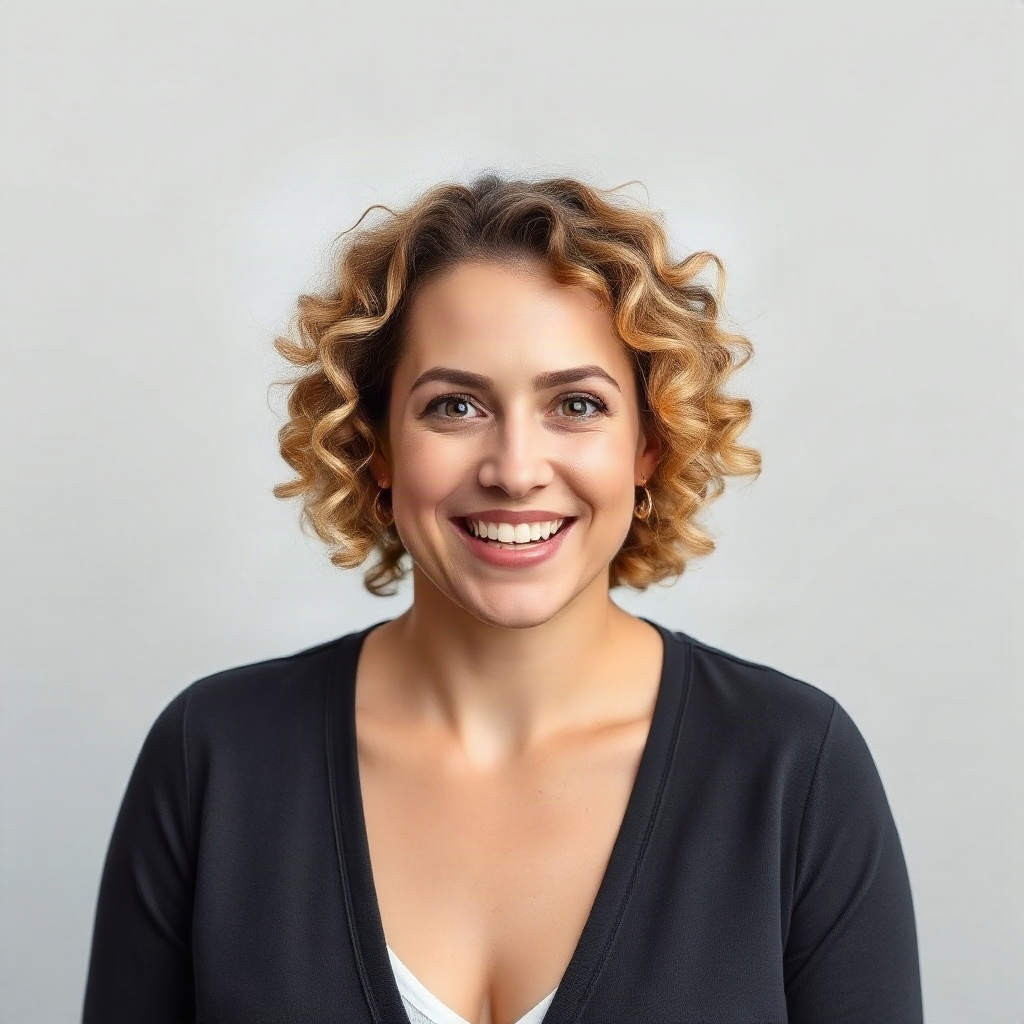 portrait headshot of a happy woman in her 30s with curly hair, bright smile, neutral studio lighting
