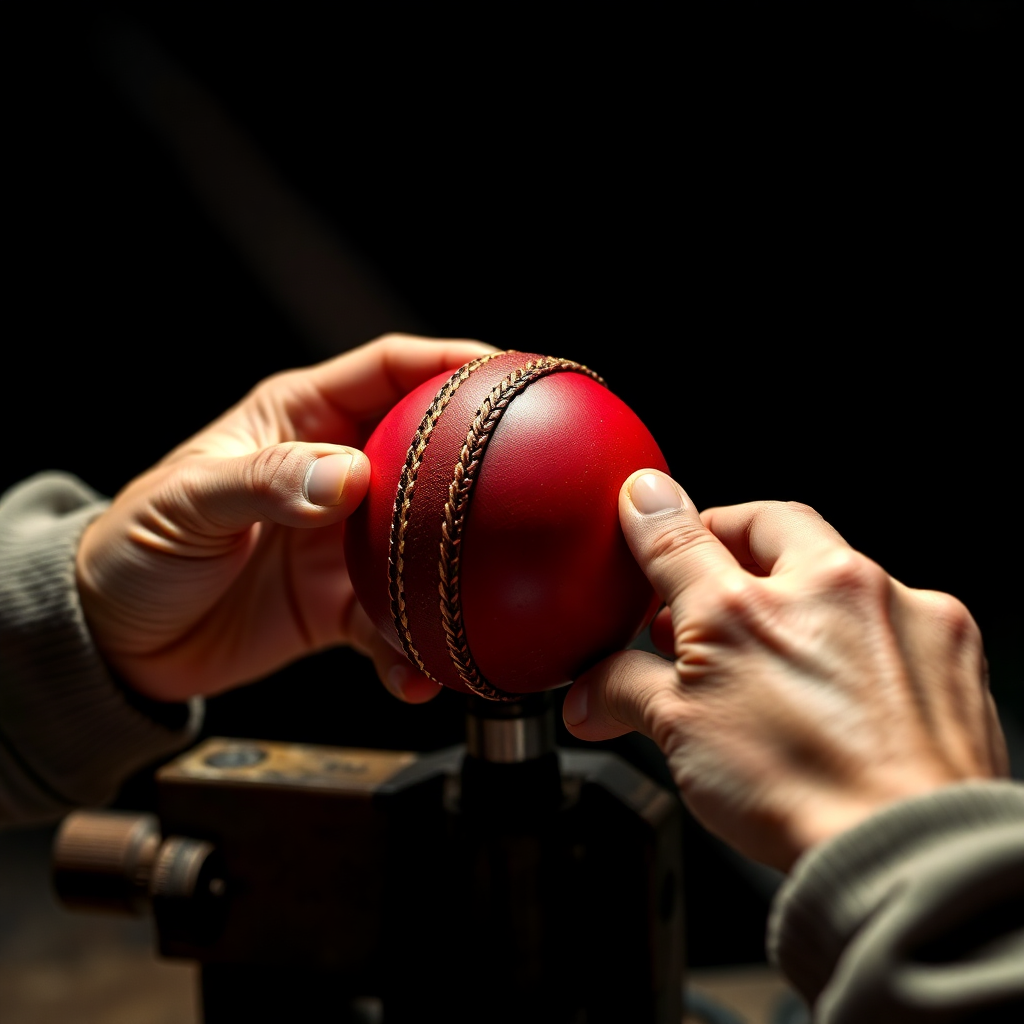 craftsman hands pressing two halves of red leather cricket ball together