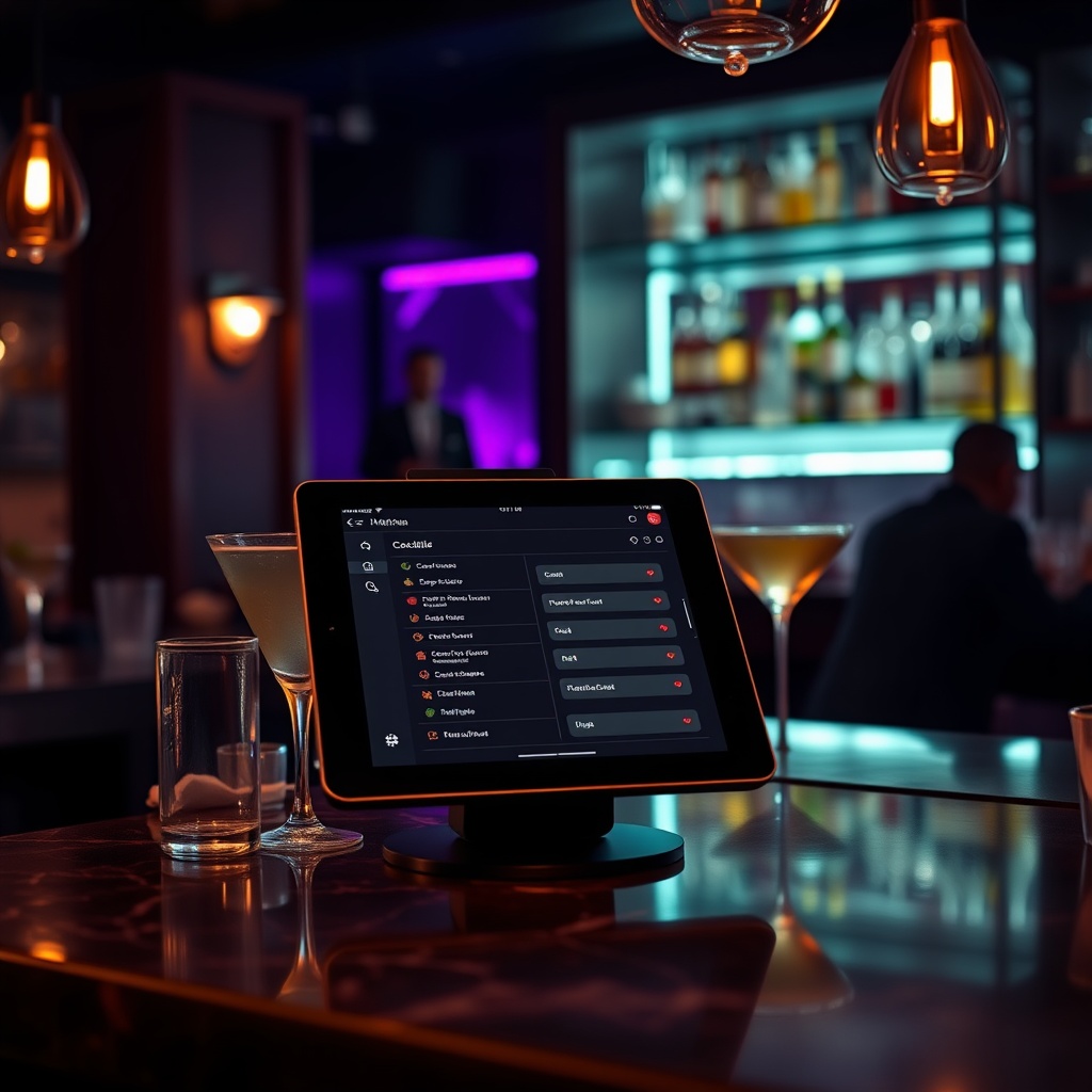 High-end tablet POS terminal in a dimly lit cocktail bar, sleek dark UI showing order modifiers, amb