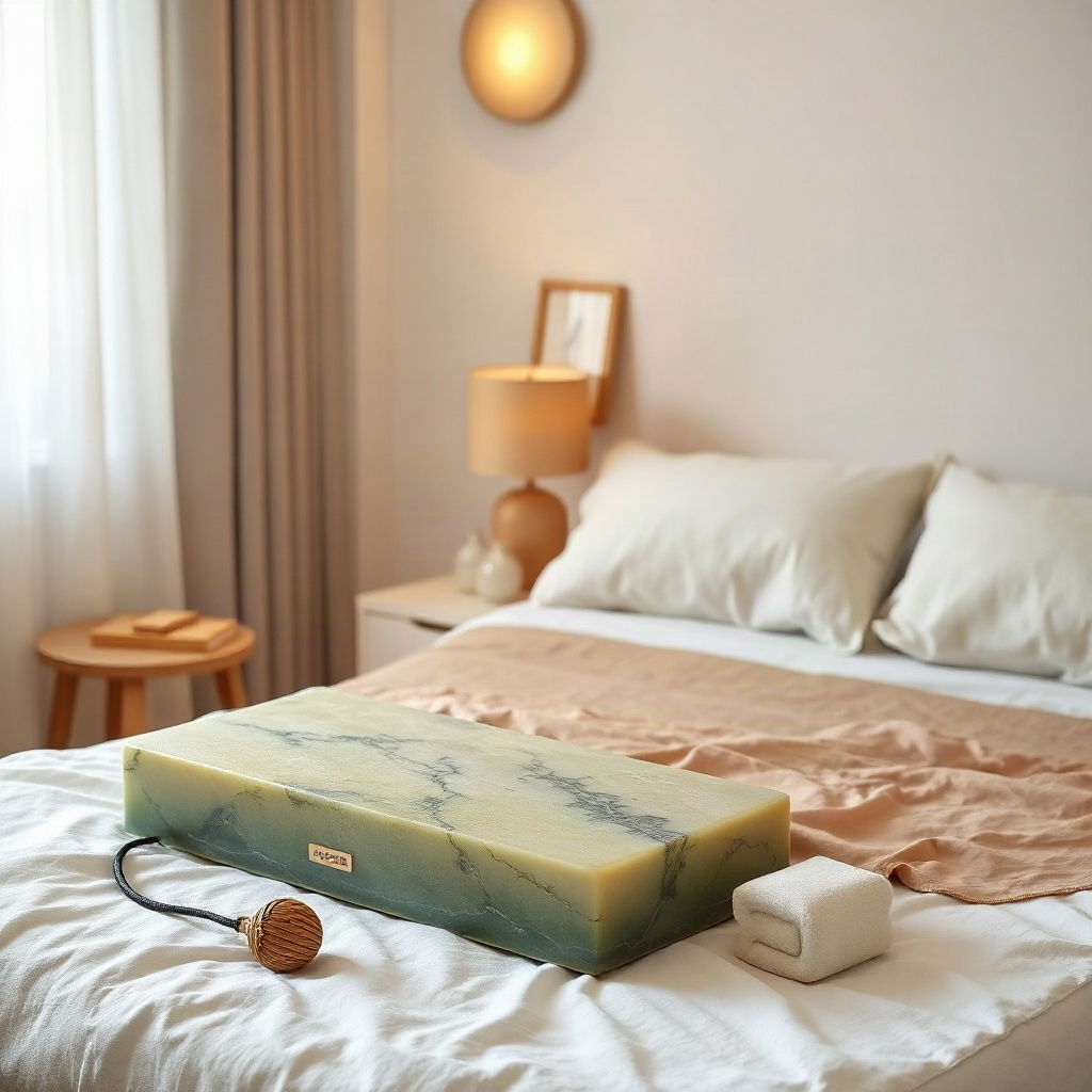 elegant warm-toned heated jade stone mattress product photography on soft bed, amber ambient lighting