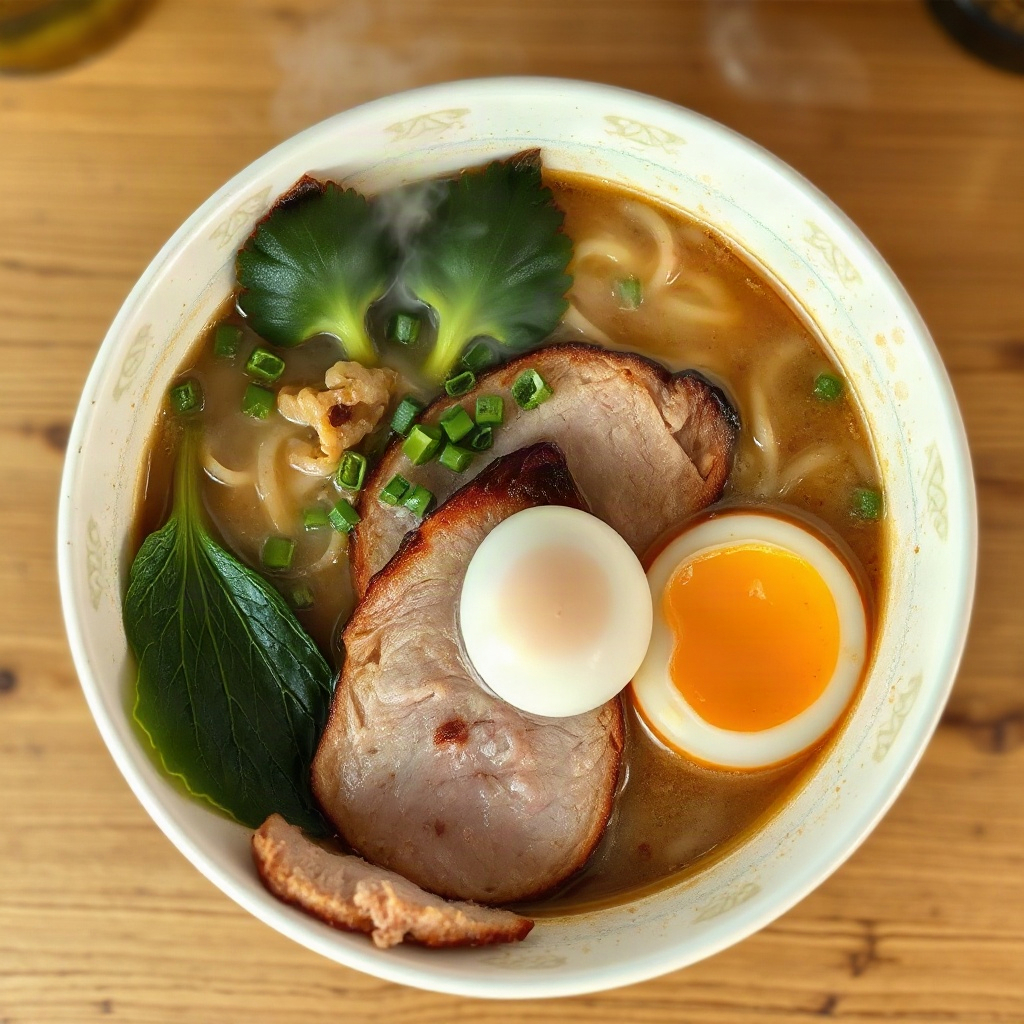 steaming hot tonkotsu ramen with pork belly and egg, top down view
