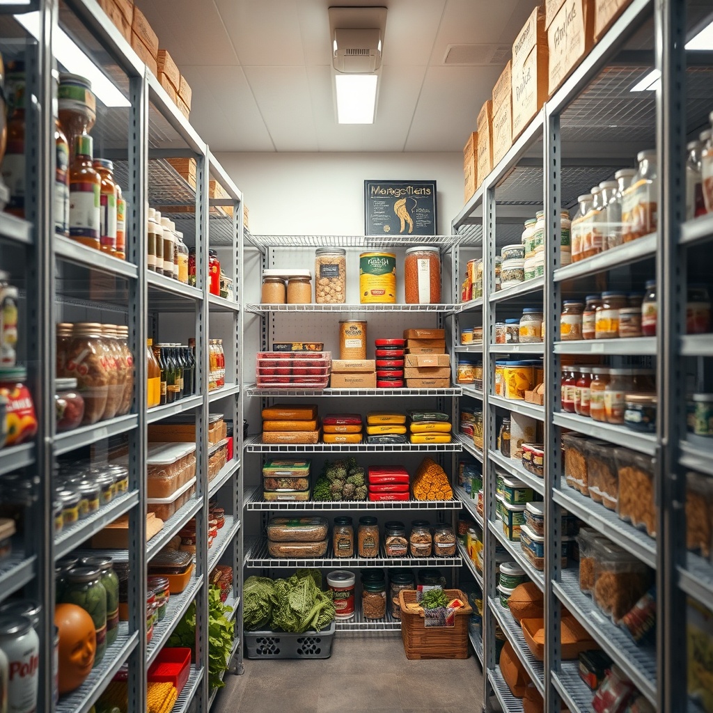 Organized restaurant pantry with high-end ingredients, soft warehouse lighting, management app inter