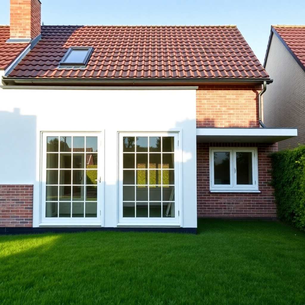 modern detached Dutch home exterior with large white plastic window frames, bright sunny day, green