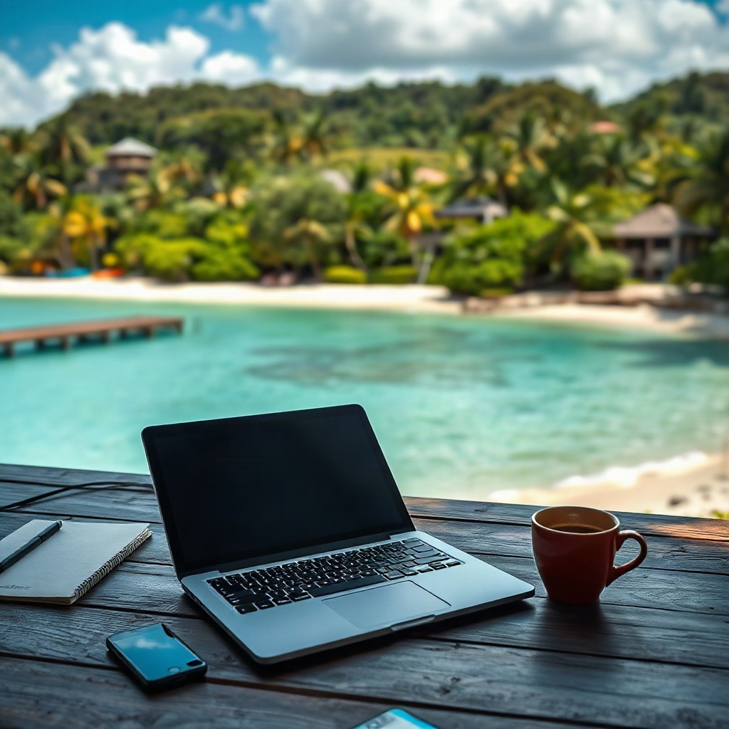 sleek digital nomad setup with laptop and coffee overlooking a tropical beach