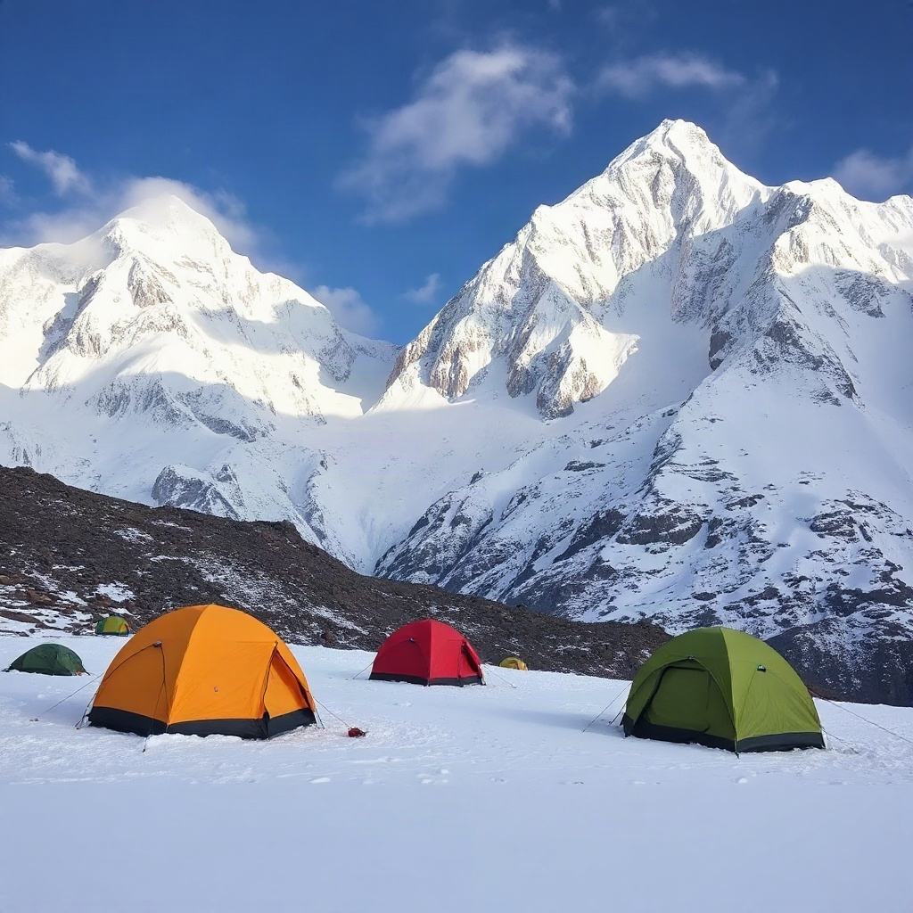 remote base camp in Nepal Himalayas, tents under snowy peaks, high altitude mountaineering