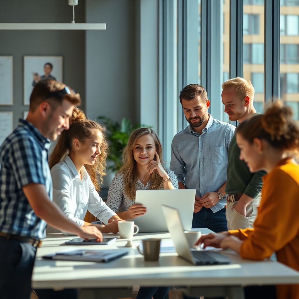 Diverse group of VeloSync professionals collaborating in a modern workspace