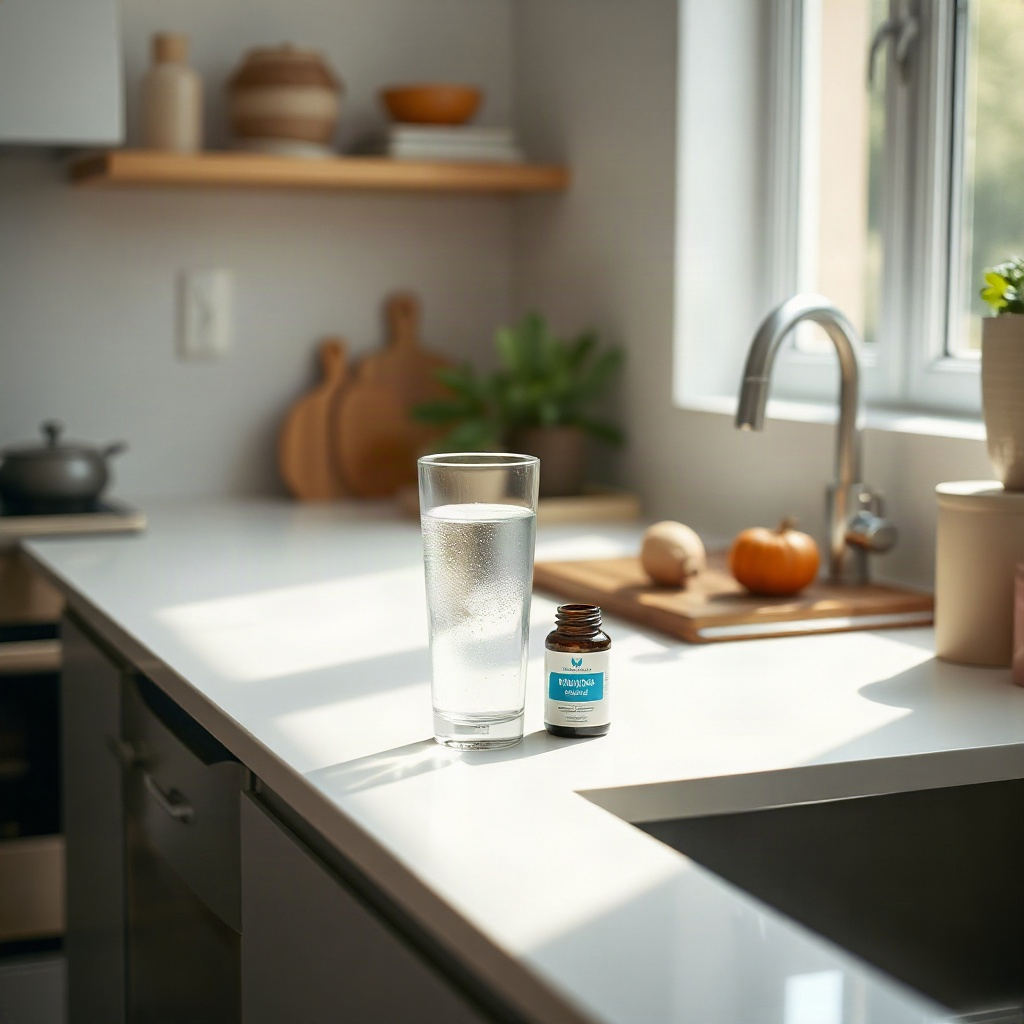 Calm modern kitchen counter at morning light with a glass of water and a small bottle of supplements