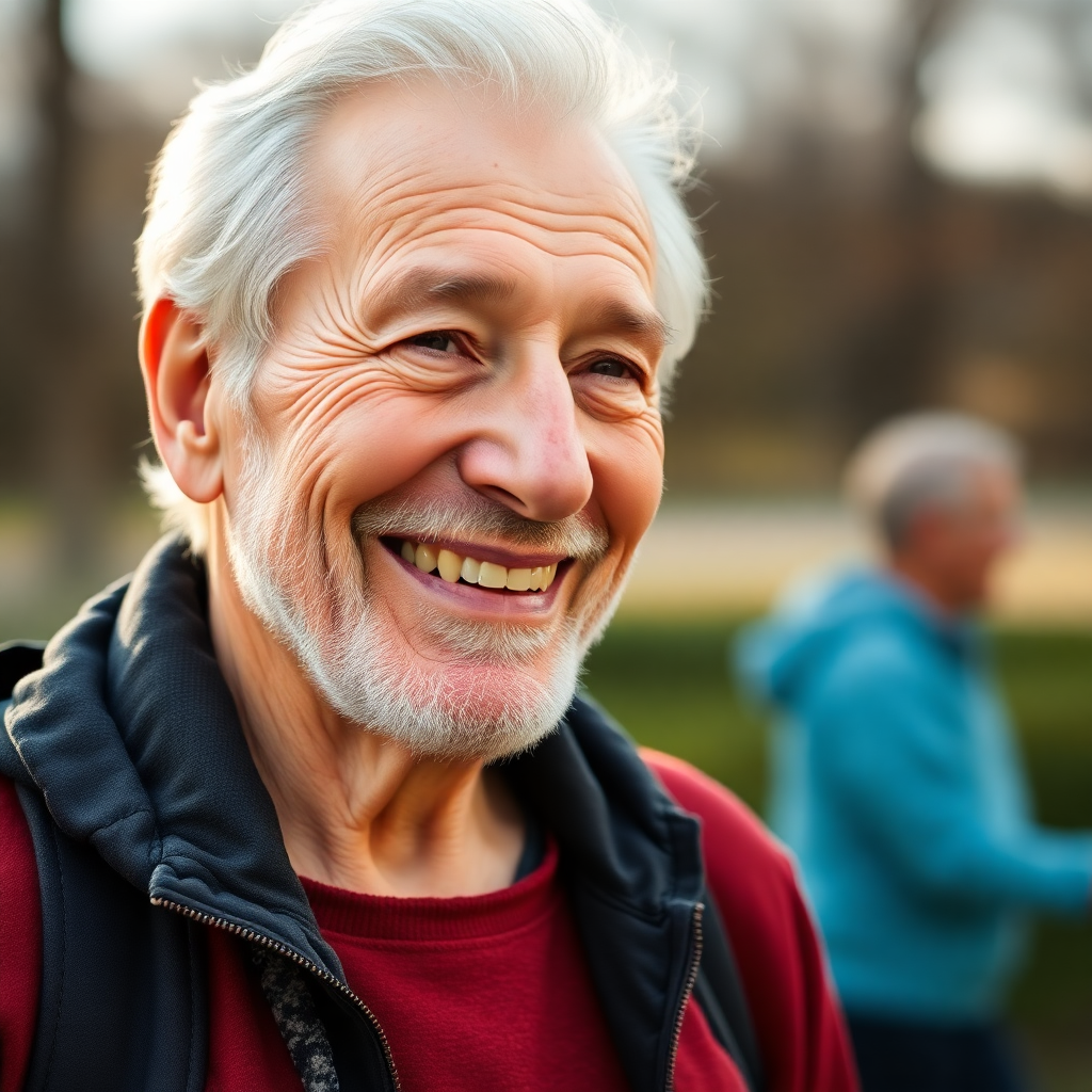 lifestyle photo of an active senior wearing a nearly invisible hearing aid, smiling outdoors in natu