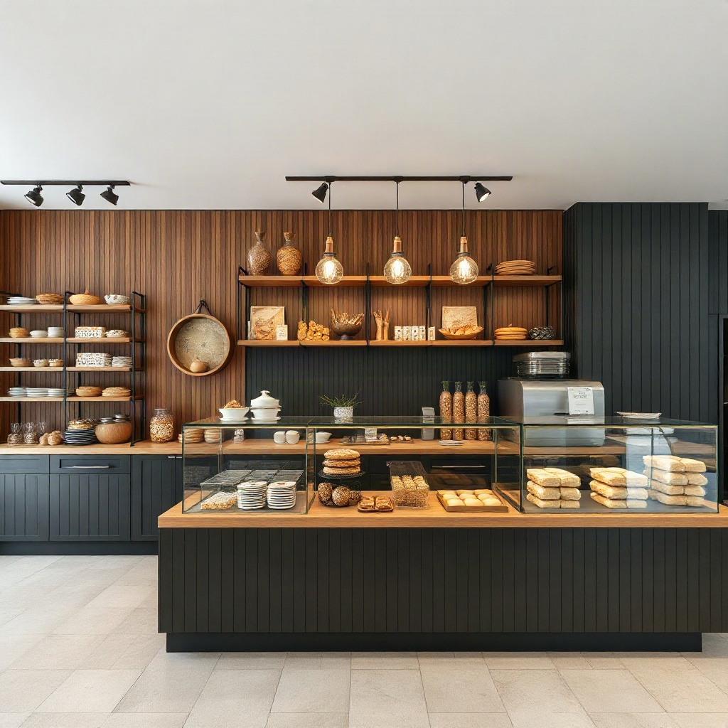 high-end artisanal bakery shop interior, minimal design