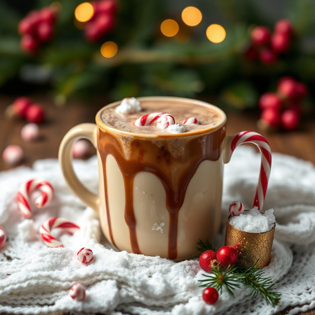 peppermint mocha holiday coffee drink with red and white swirl in a festive mug with snow