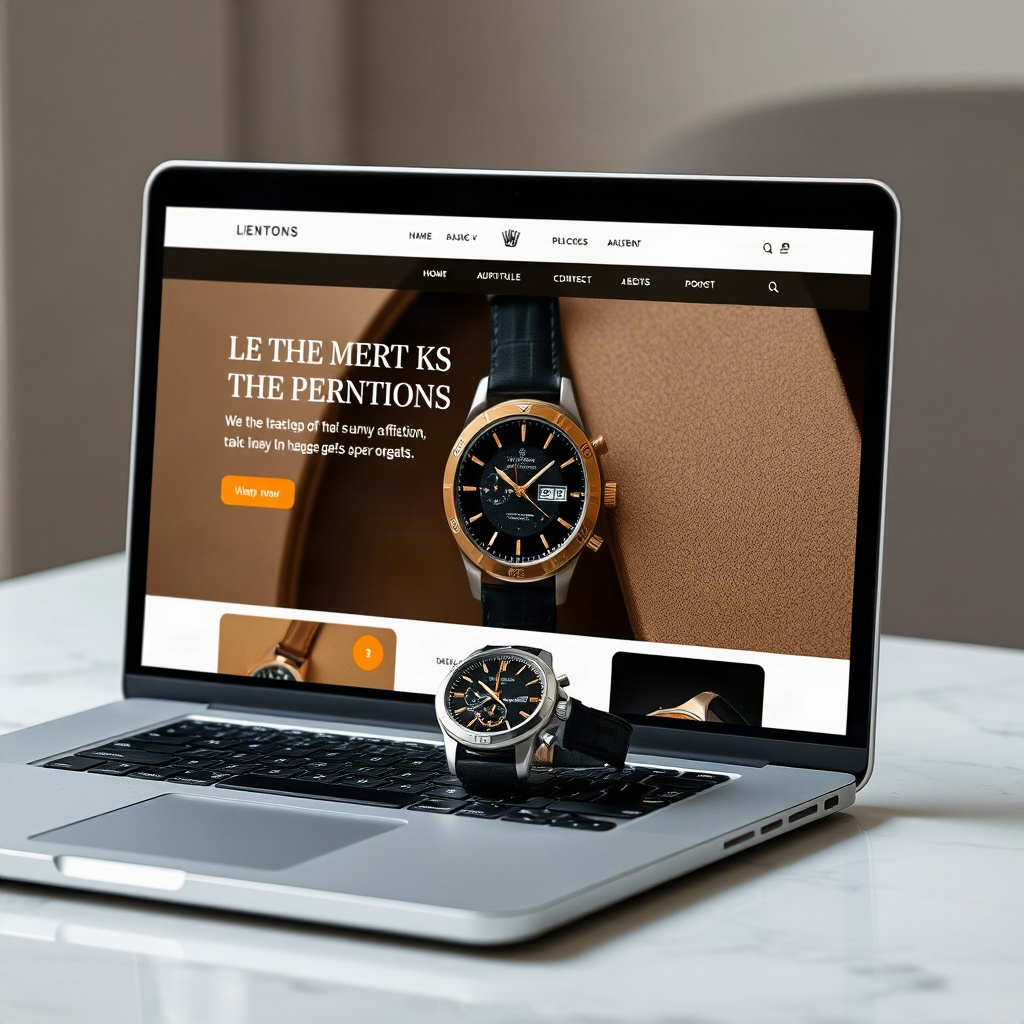 lifestyle shot of a luxury watch boutique website preview on a sleek laptop