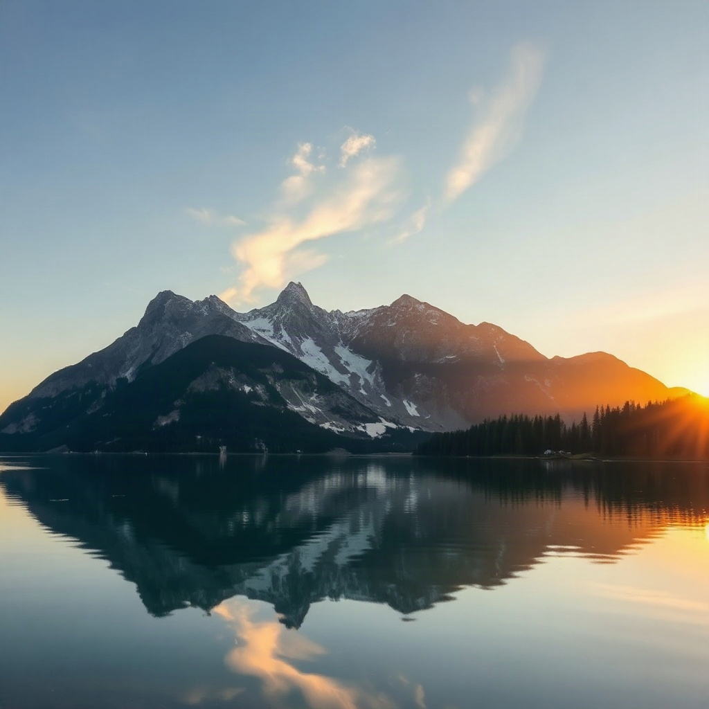 serene lakeside mountain range reflecting in calm water, sunrise lighting