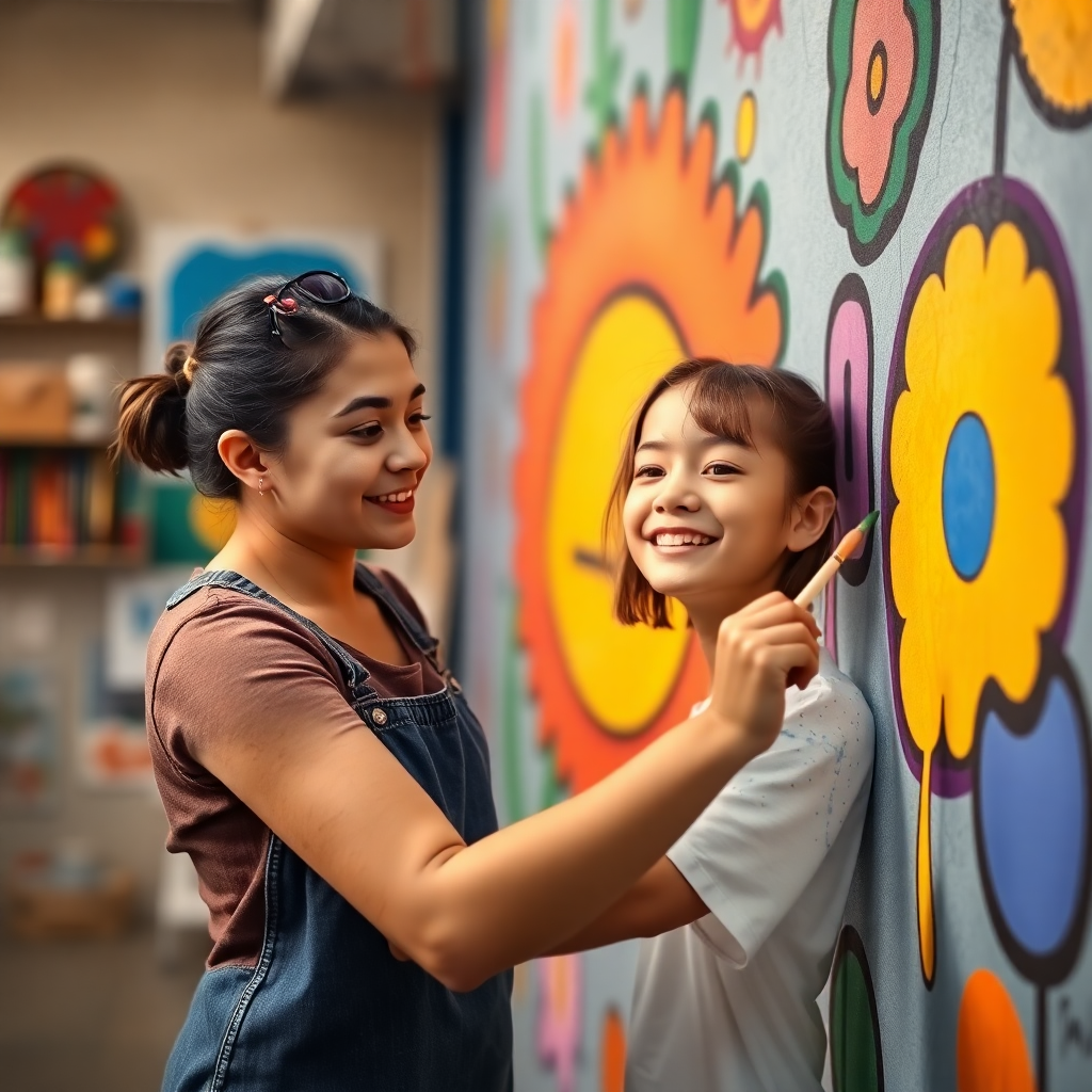 young woman with down syndrome painting a colorful mural on a wall with support worker, vibrant art