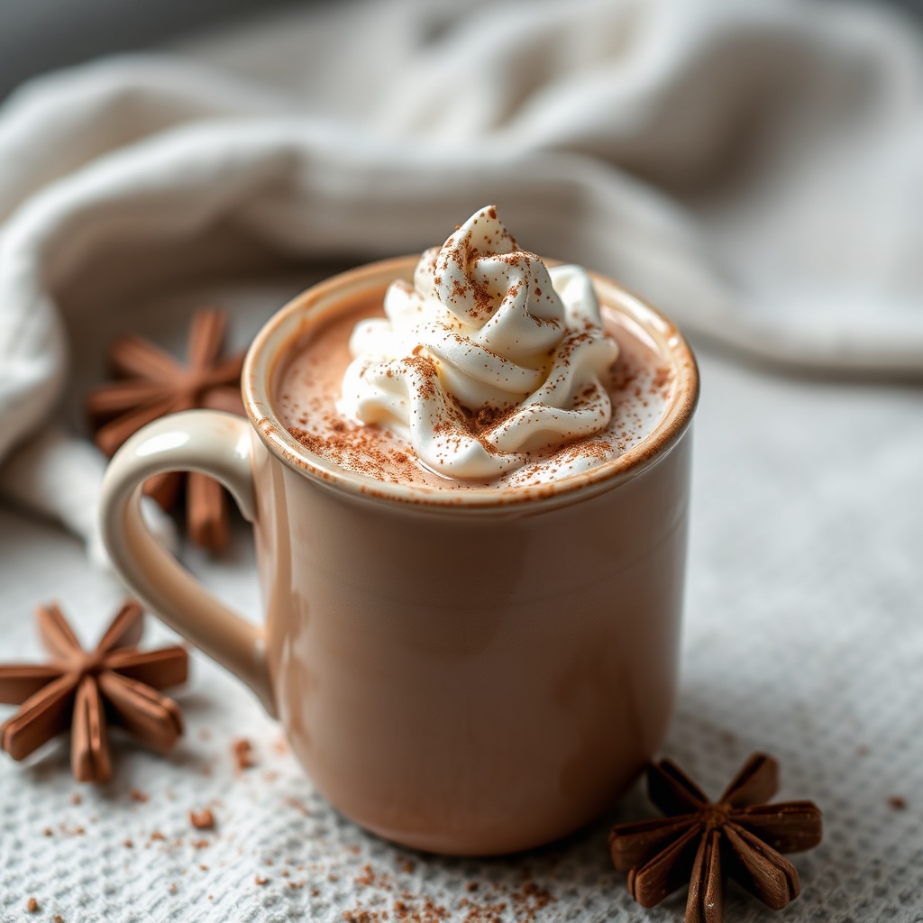 creamy hot chocolate in a mug with whipped cream and cocoa dusting, cozy drink