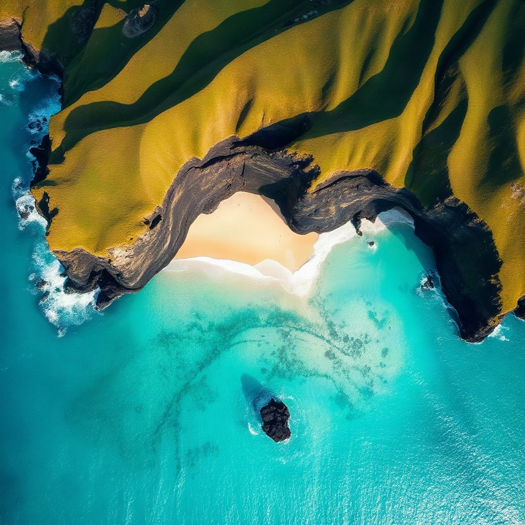 aerial view of pristine beach in hawaii, turquoise water, green cliffs