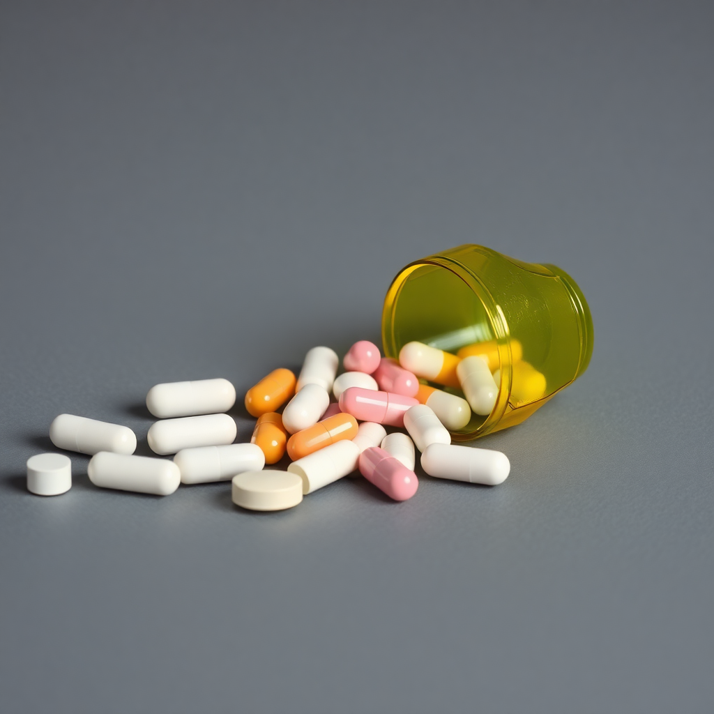Right half of split comparison, generic stimulant pills spilling on grey surface, clinical medical p