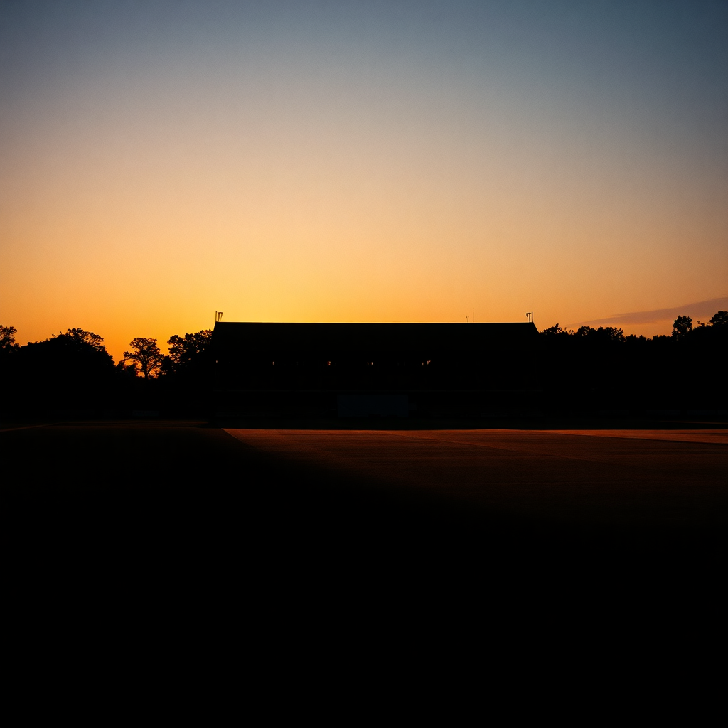 cricket pavilion at dusk with warm golden light