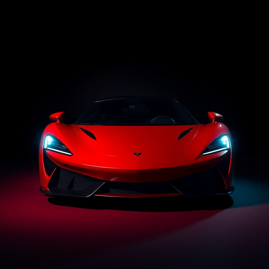 dark studio shot of a red supercar front three-quarter view, dramatic rim lighting, premium automoti