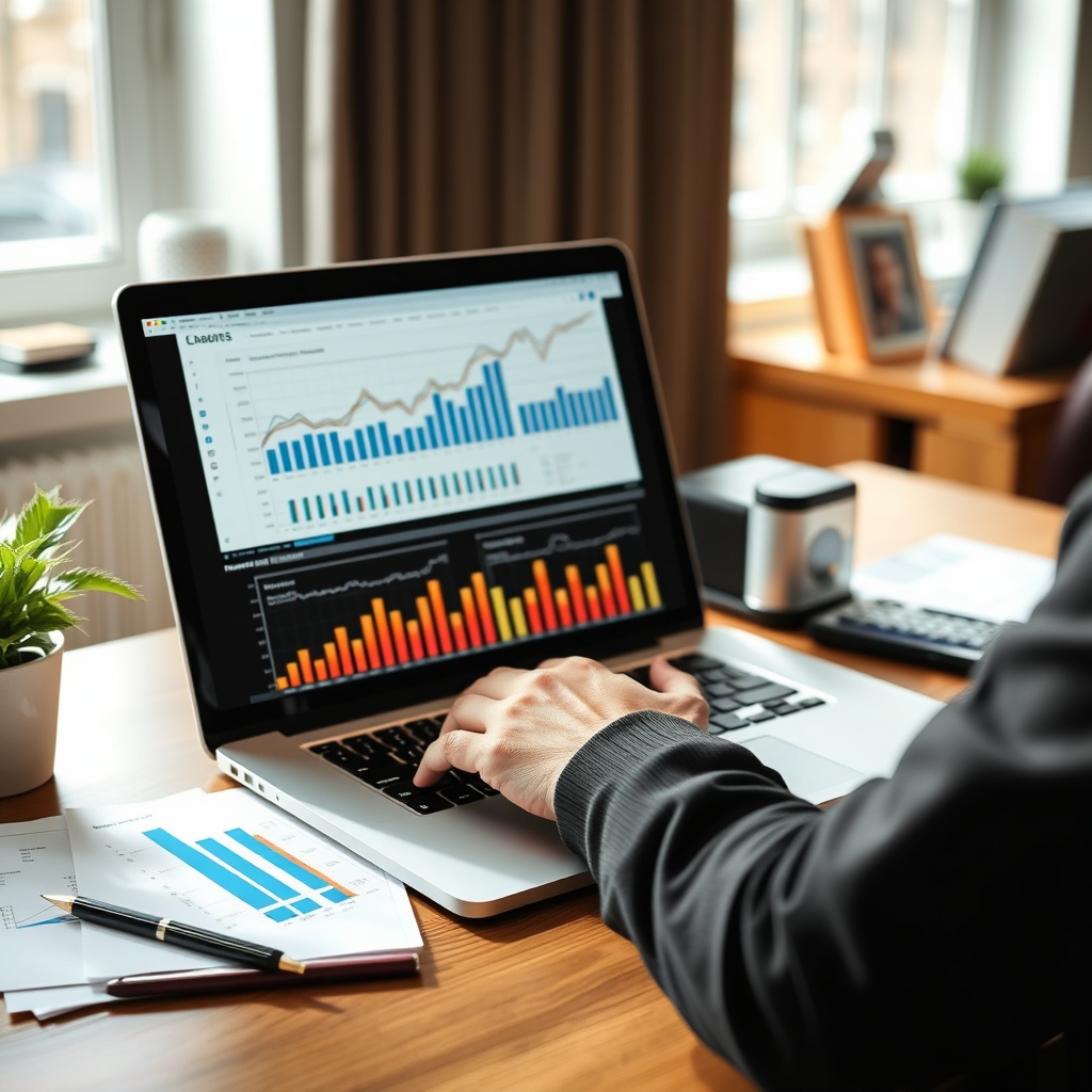 person working on laptop with financial charts and reports, home office professional setting, daylig