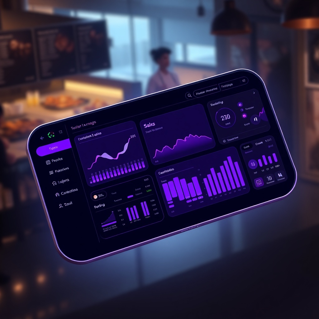 Hero 3D floating dashboard for restaurant management, high-end dark UI, glowing purple highlights, g