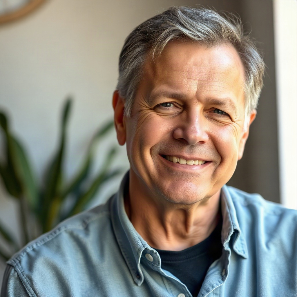 smiling man in his fifties, natural portrait headshot, soft lighting