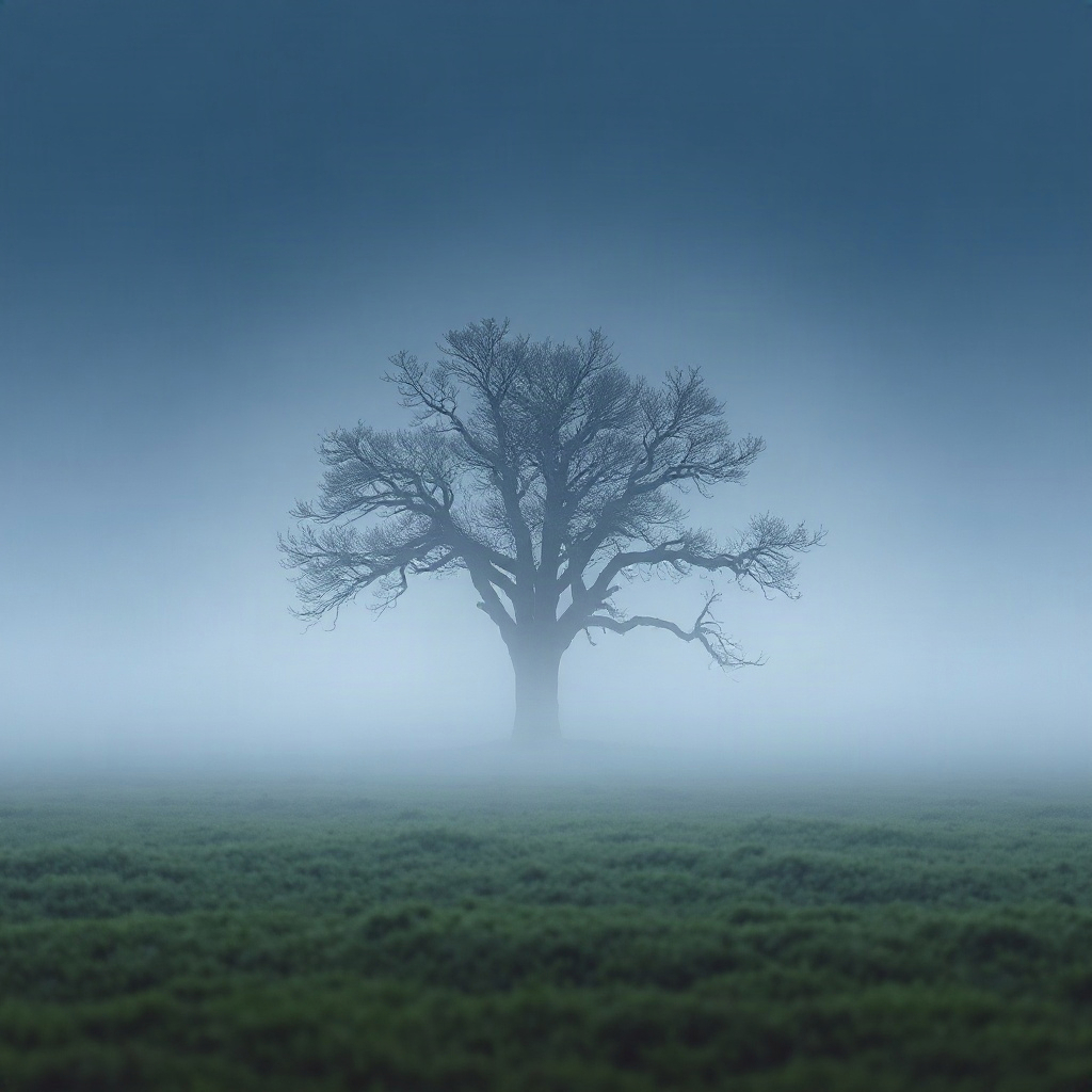 lone tree in a foggy field, cinematic landscape