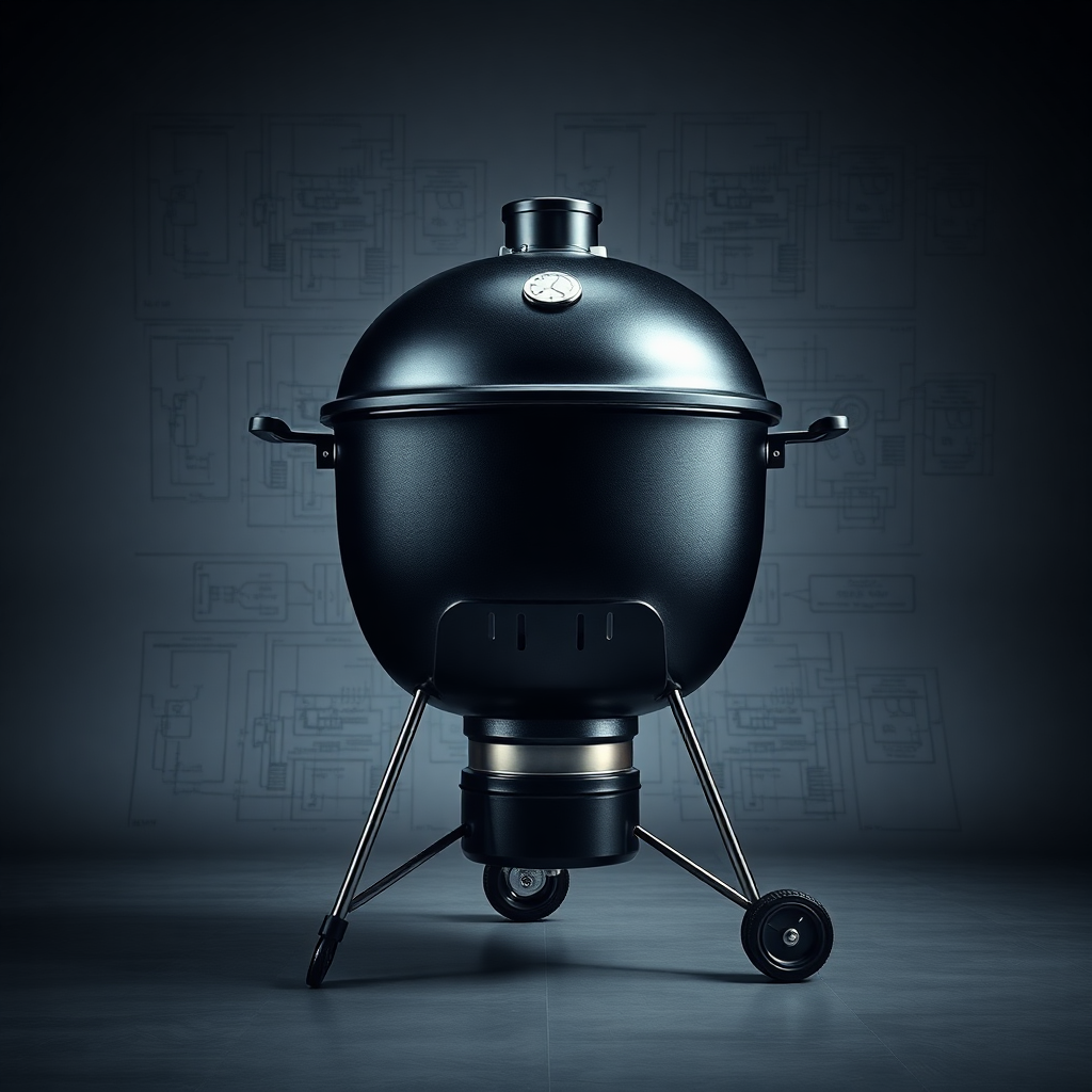 industrial technical product shot of charcoal BBQ grill, engineering blueprint aesthetic, dark studi