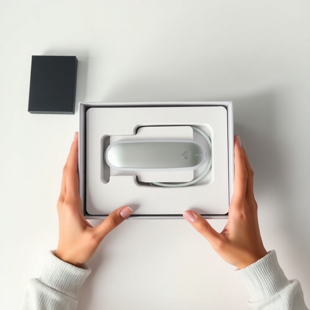 unboxing a sleek medical device package, hands opening a minimalist box, clean bright table, top dow