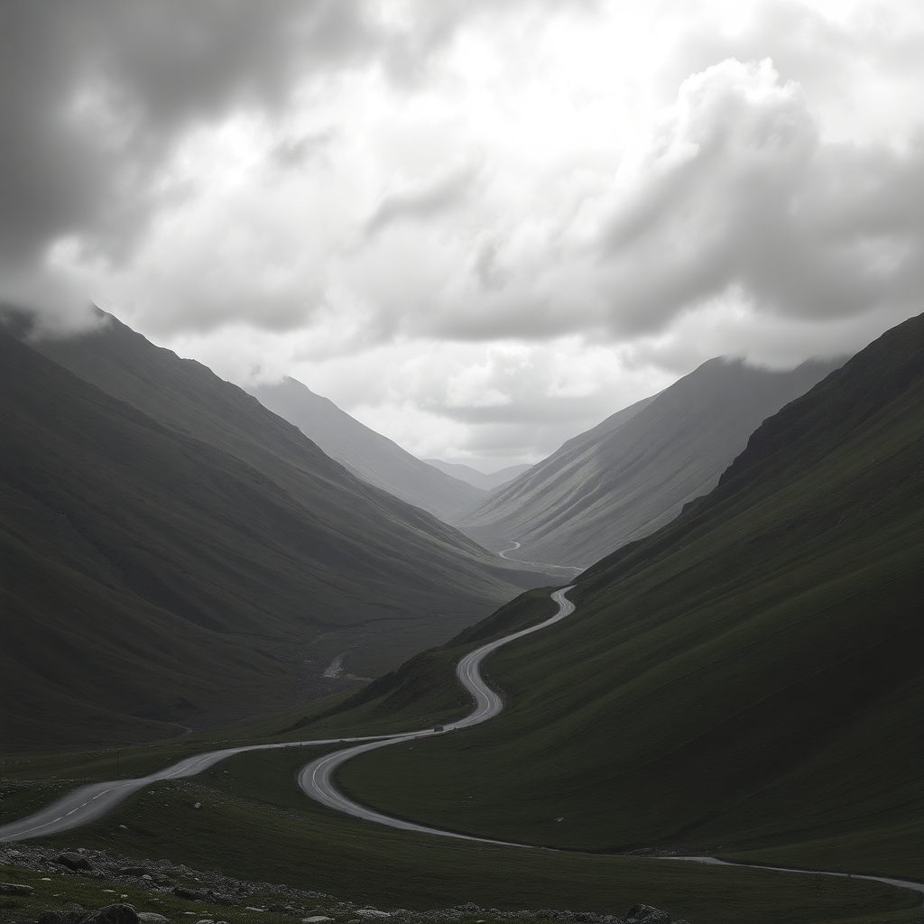 North Wales Snowdonia mountain road winding dramatic green valleys moody clouds sharp peaks, fine ar