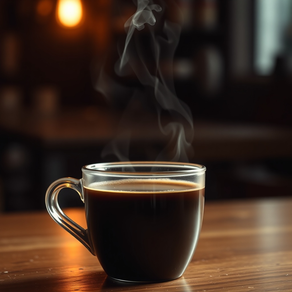 drip coffee in a ceramic mug with steam rising, dark moody coffeehouse, warm tones