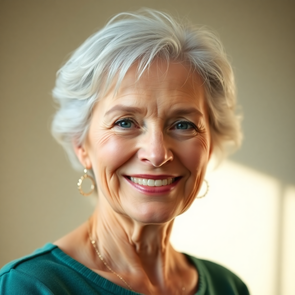 portrait headshot of a friendly woman in her sixties, soft natural light, neutral background