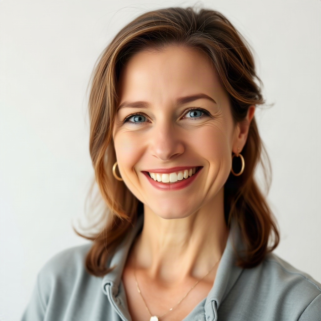 portrait headshot of a friendly smiling woman in her 40s, neutral studio lighting, without backgroun