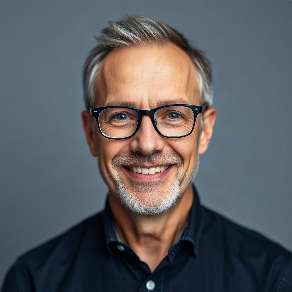 portrait headshot of a friendly middle aged man with glasses, gentle smile, neutral studio lighting,