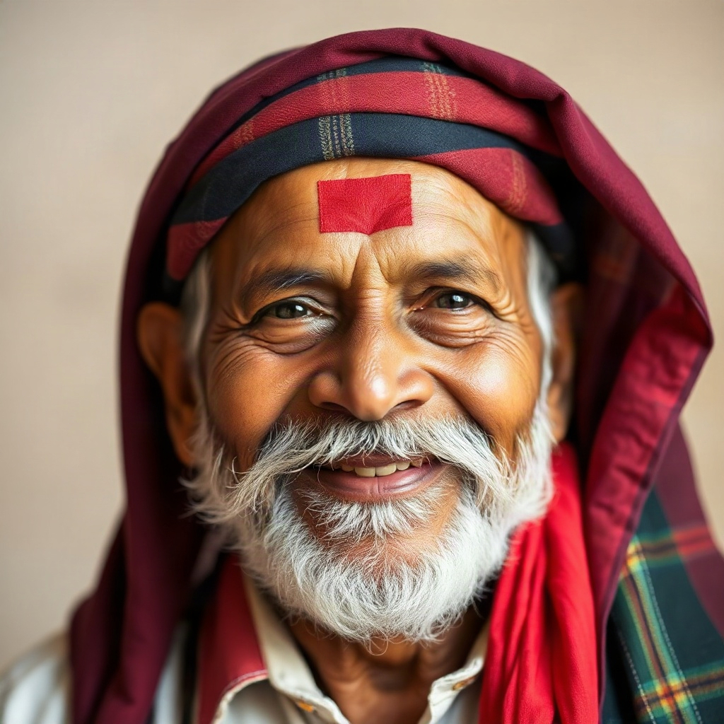 portrait headshot of a smiling elderly Indian man, without background