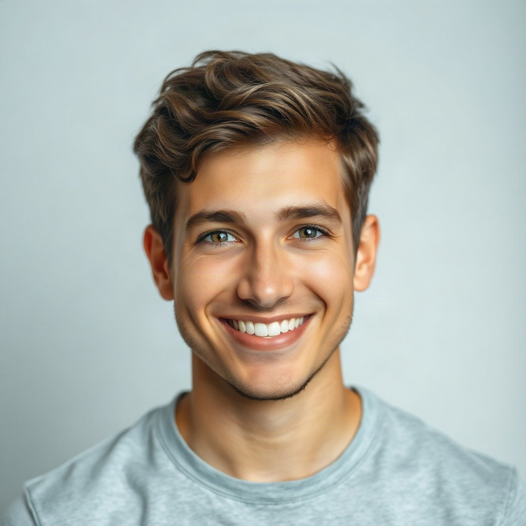 portrait headshot of a smiling young man in his late 20s, relaxed expression, neutral studio lightin