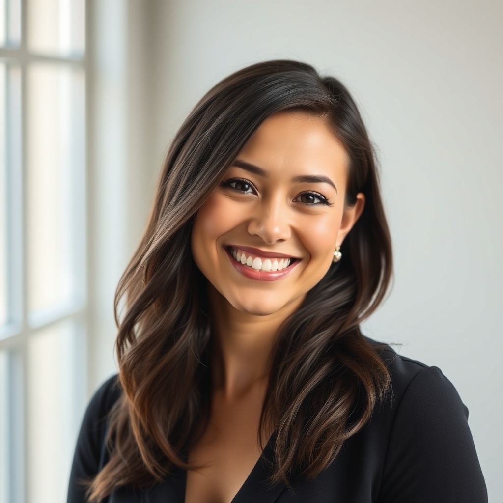 portrait headshot of a smiling woman in her thirties, soft natural light, friendly expression, profe