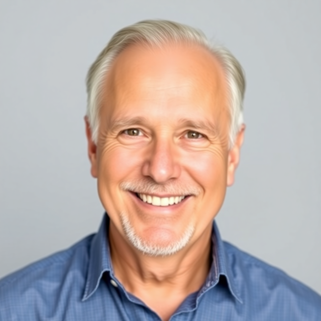 portrait headshot of a smiling older gentleman, neutral studio background