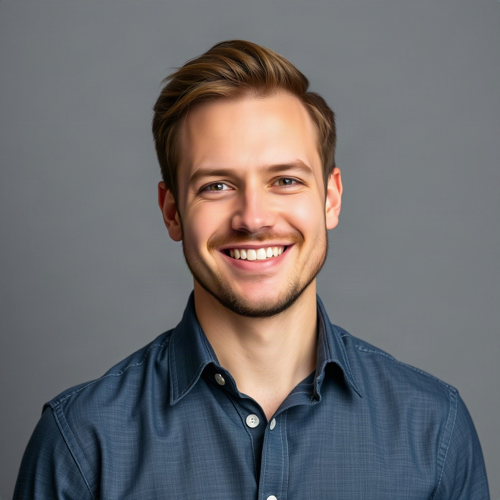 portrait headshot of a smiling man in his 30s, casual attire, neutral studio lighting, without backg